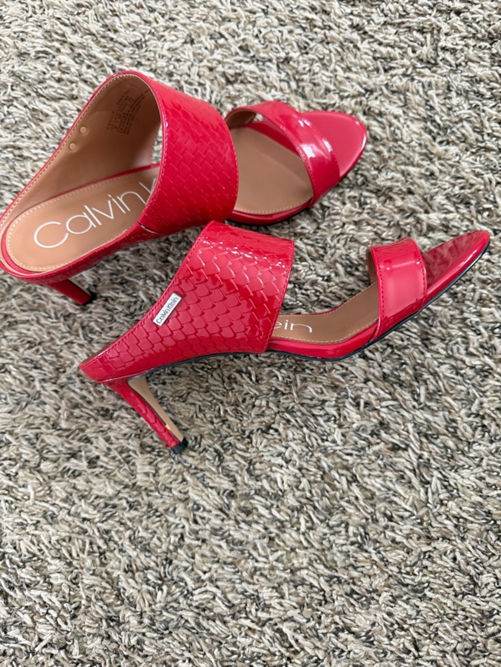 Calvin Klein Red Patent Double-Strap Slide Mules - Picture 2 of 4